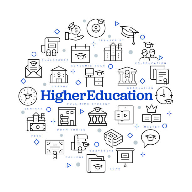 Higher education concept. Vector design with icons and keywords.